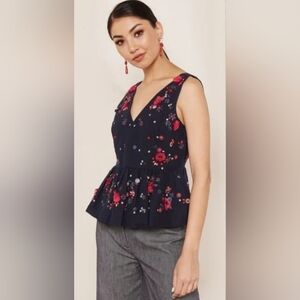 J.Crew Linen-blend Embroidered Sequined Peplum Sleeveless Top Navy NWT S…